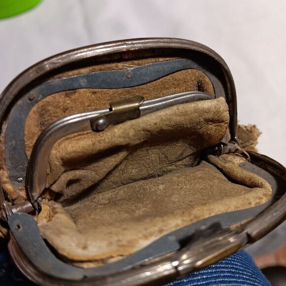 Antique 1900s Genuine Leather TINY 4" SNAP Coin RELIC STEAMPUNK WALLET - Picture 9 of 9